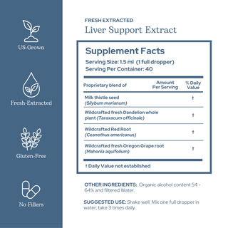 Bottle of Liver Support Extract with milk thistle, dandelion, red root, and oregon grape herbs for liver detox and digestive wellness