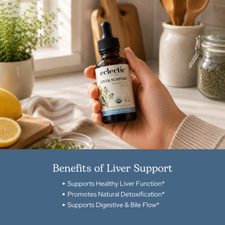 Bottle of Liver Support Extract with organic milk thistle, dandelion, red root, and Oregon grape herbs for liver detox and digestive health