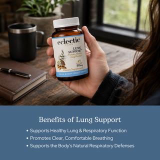Bottle of Lung Support capsules featuring concentrated herbal formula for respiratory health and natural lung support