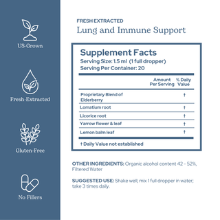 Bottle of Lung and Immune Support Extract with elderberry, lomatium, licorice, yarrow, and lemon balm herbs