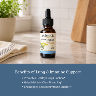 Bottle of Lung and Immune Support Extract with elderberry, lomatium, licorice, yarrow, and lemon balm herbs