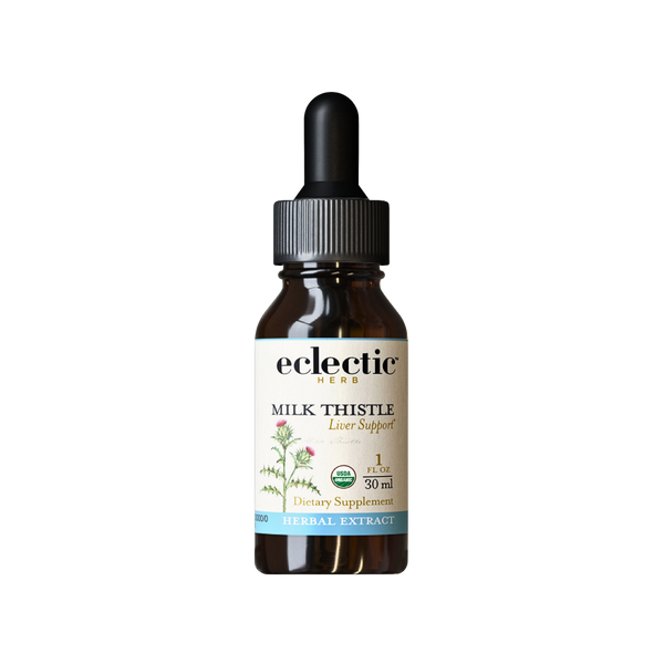 Bottle of organic milk thistle extract supporting liver detoxification and antioxidant health