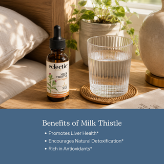 Milk Thistle glycerite bottle highlighting liver support, natural silymarin antioxidant, vegan and organic detox supplement