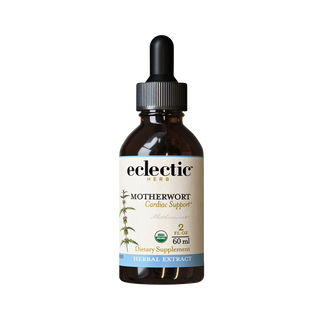 Bottle of organic motherwort extract with herbal ingredients and dropper for emotional and heart wellness