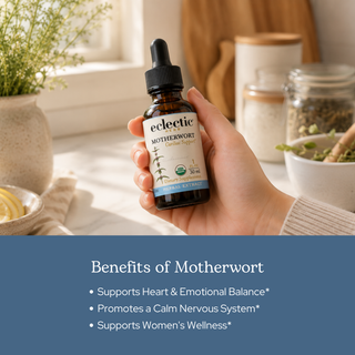 Bottle of organic Motherwort extract for emotional and heart wellness with US-grown herbs