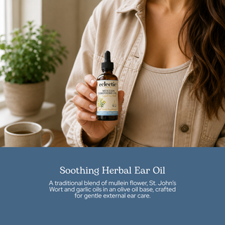 Bottle of Mullein Compound Oil with olive oil and herbal ingredients for ear soothing and comfort