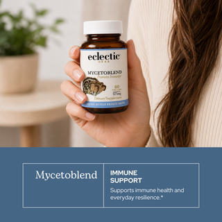 Mycetoblend mushroom capsules bottle with organic full-spectrum mushroom blend for immune and cellular support