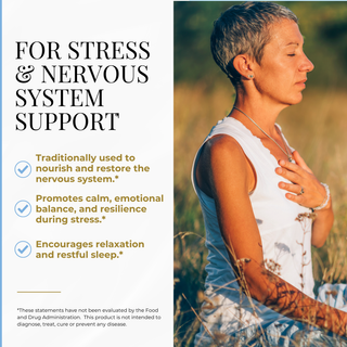 A promotional graphic with text on the left and a woman in a white sleeveless top standing outdoors in a field on the right. The text reads: 'FOR STRESS & NERVOUS SYSTEM SUPPORT' with bullet points about traditionally using it to nourish and restore the nervous system, promote calm and resilience, and encourage relaxation and restful sleep.