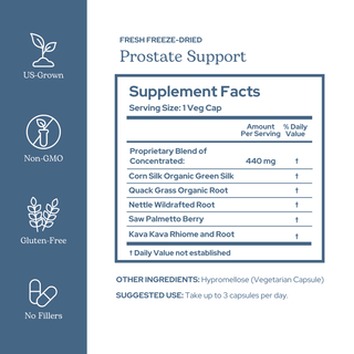 Bottle of prostate support capsules with natural botanical ingredients for men's prostate health and urinary comfort