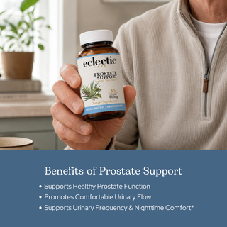 Bottle of Prostate Support Capsules with natural botanical ingredients for prostate and urinary health, hormone balance, and male vitality