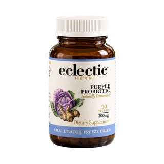 Purple probiotic capsules made from organic fermented purple cabbage and sunchokes for digestive and gut microbiome support