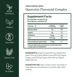 Quercetin flavonoid complex powder with organic freeze-dried grapes, apples, lemon, parsley, kale, and alfalfa for antioxidant and immune support