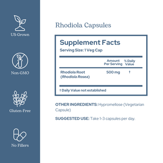 Rhodiola capsules for stress relief, energy boost, and adrenal support with whole root and concentrated extract in a clean, vegan formula