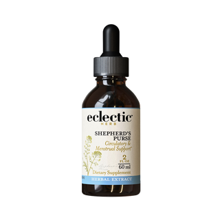 Bottle of Shepherd's Purse extract with herbal label highlighting women's wellness and circulatory support