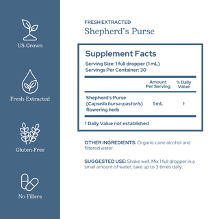 Bottle of organic Shepherd's Purse extract with green leaves and dropper, highlighting women's wellness and circulatory support