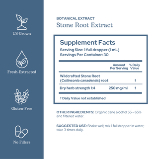 Bottle of Stone Root extract for vascular and vein support with organic ingredients and sustainable sourcing
