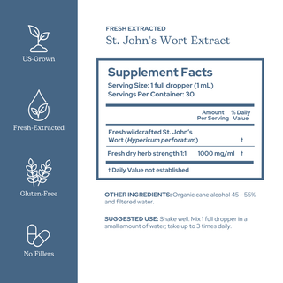 St. John's Wort extract bottle highlighting mood support, nervous system calm, immune and skin wellness, organic and vegan formula
