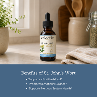 Bottle of St. John's Wort extract with wildcrafted flowers and organic ingredients for mood and nervous system support