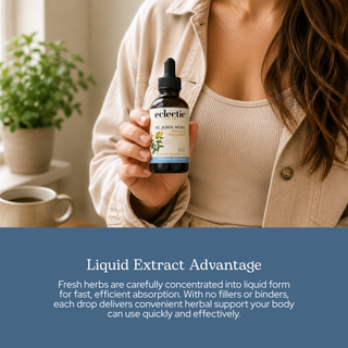 St. John's Wort extract bottle highlighting mood support, nervous system calm, immune and skin wellness, with organic, vegan, US-grown ingredients