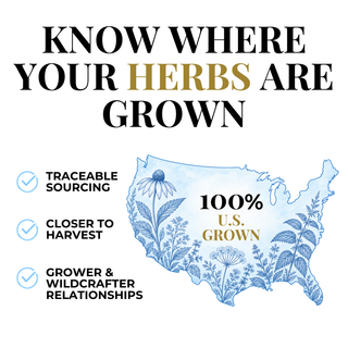 Promotional graphic with the headline 'KNOW WHERE YOUR HERBS ARE GROWN' above a stylized blue map of the United States decorated with botanical illustrations and text reading '100% U.S.