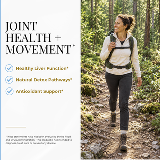 A promotional graphic with text on the left reading 'JOINT HEALTH + MOVEMENT' and three benefit bullet points, alongside a woman hiking on a forest trail on the right.