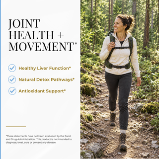 A woman hiking on a forest trail wearing a white long-sleeve top, dark leggings, hiking boots, and a backpack, alongside text promoting joint health and movement benefits.