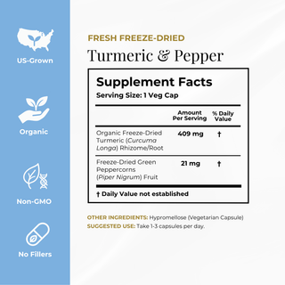 A supplement facts panel for Fresh Freeze-Dried Turmeric & Pepper capsules, shown on a white background with a blue vertical sidebar listing US-Grown, Organic, Non-GMO, and No Fillers.
