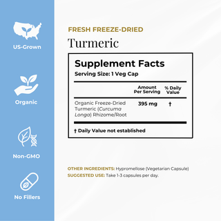 A product information graphic for fresh freeze-dried turmeric. The left side has a light blue vertical panel with white icons and text reading US-Grown, Organic, Non-GMO, and No Fillers.