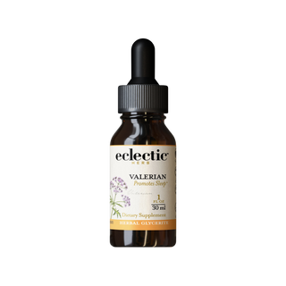Bottle of Valerian Glycerite for restful sleep and relaxation support, vegan and US-grown