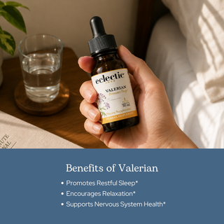 Bottle of Valerian Glycerite supporting restful sleep and relaxation with clean, vegan formula and US-grown ingredients