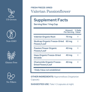 Valerian passionflower capsules for relaxation, restful sleep, and stress support with organic herbal blend