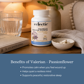 Bottle of Valerian Passionflower capsules promoting relaxation and restful sleep with natural herbs