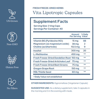 Vitalipotropic capsules bottle with natural liver detox and metabolic support ingredients