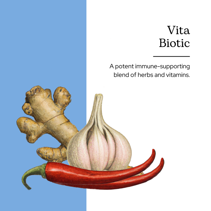 A branding image of the product named Vita Biotic by Eclectic Herb. This is a potent immune-supporting blend of herbs and vitamins.