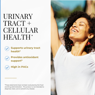 Urinary Tract + Cellular Health* graphic with woman reaching arms up in the air and smiling